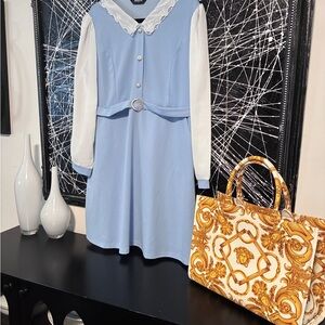 Allegra K Light Blue Dress with White Embroidered Peter Pan Collar